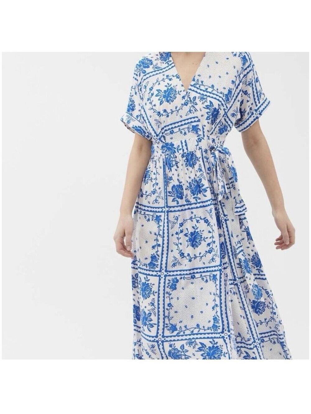 Urban Outfitters Gabrielle Woven Midi Wrap Dress While/blue Small